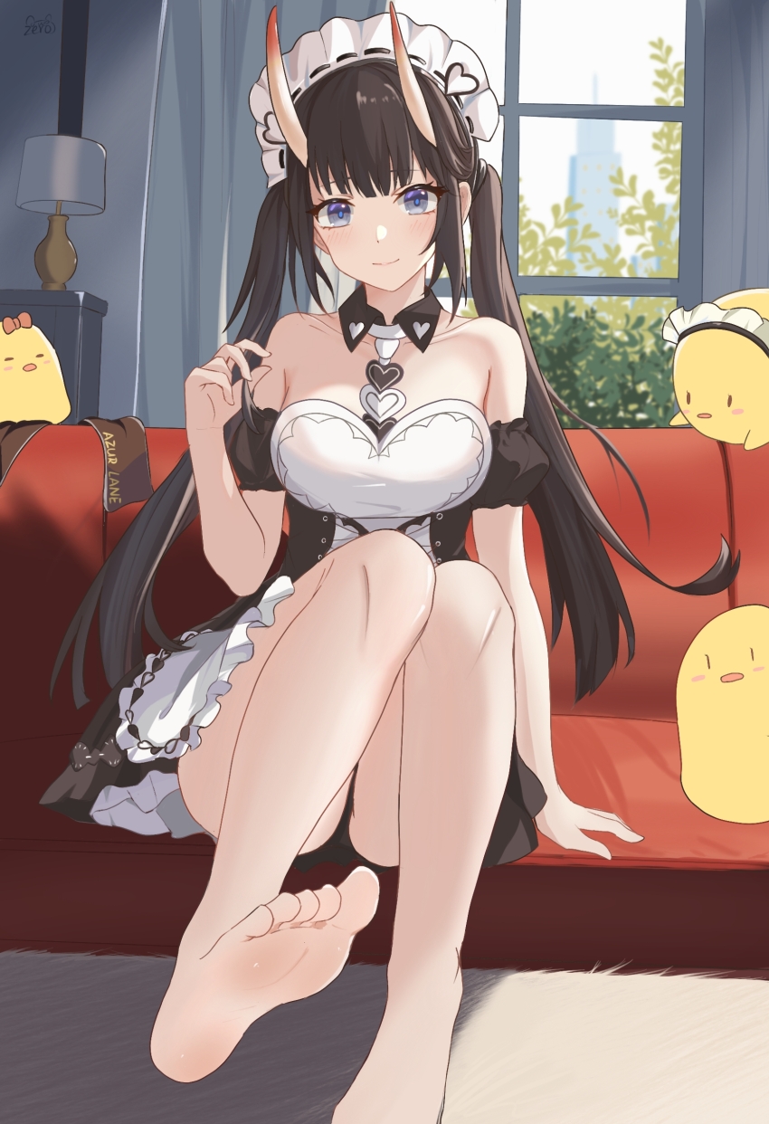 1girl absurdres apron azur_lane bare_shoulders barefoot black_dress black_hair breasts building collarbone couch curtains desk_lamp detached_sleeves dress foot_out_of_frame frilled_apron frills highres horns indoors lamp long_hair looking_at_viewer maid_headdress manjuu_(azur_lane) medium_breasts noshiro_(azur_lane) noshiro_(hold_the_ice)_(azur_lane) official_alternate_costume puffy_short_sleeves puffy_sleeves purple_eyes short_sleeves sitting skyscraper solo variant_set white_apron window zerosama_(sailuojiang)