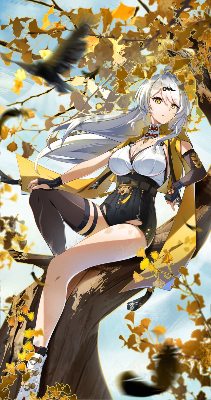 1girl absurdres ahoge arm_rest asymmetrical_gloves bird black_bird black_shorts black_thighhighs blue_sky branch breasts chinese_commentary cleavage coin coin_on_string collared_shirt commentary_request cropped_jacket day elbow_gloves falling_feathers feathers fingerless_gloves floating_hair flying gloves gold_armlet hair_between_eyes hair_ornament hand_on_own_knee high-waist_shorts highres jacket knee_up large_breasts leaf long_hair looking_at_viewer mole mole_on_breast on_tree parted_lips potto_6743835 shirt shoes shorts single_elbow_glove single_hair_intake single_thighhigh sitting sky solo tassel thighhighs tree uneven_gloves very_long_hair white_hair white_shirt white_shoes yellow_eyes yellow_jacket yin_yang_pin yixuan_(zenless_zone_zero) zenless_zone_zero