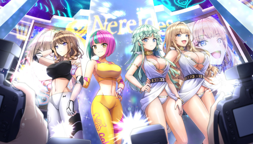 4girls aqua_hair arm_behind_head bikini blonde_hair blue_eyes bob_cut breasts brown_hair camera cleavage copyright_name copyright_notice crop_top dolphin_wave feet_out_of_frame fingerless_gloves game_cg gloves green_hair helly_lewis highres kirahoshi_kanna large_breasts looking_at_viewer multicolored_hair multiple_girls navel non-web_source official_alternate_costume official_art ootomo_takuji pants pink_hair purple_eyes selena_lewis smile suminoe_shion swimsuit two-tone_hair white_bikini white_gloves white_pants yellow_eyes yellow_pants