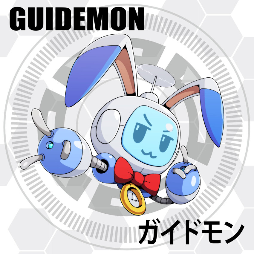 clock digimon digimon_(creature) digimon_next floating guidemon highres looking_at_viewer ribbon solo