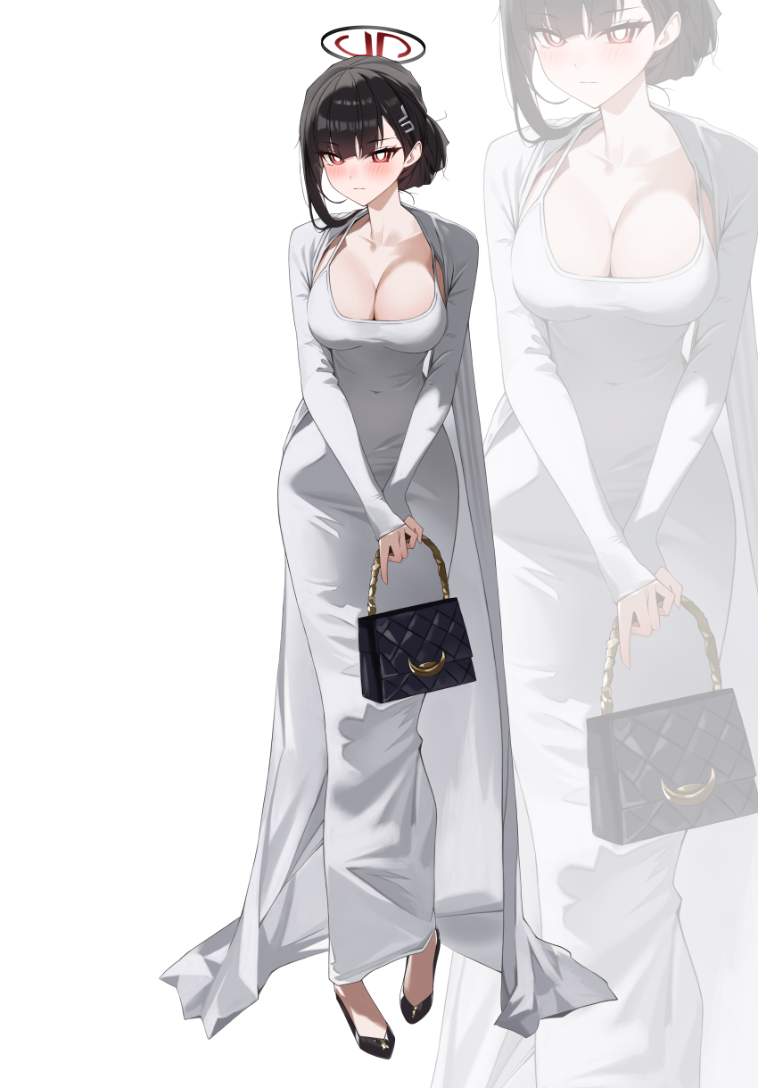 1girl absurdres alternate_costume alternate_hair_length alternate_hairstyle bag black_bag black_hair black_halo black_shoes bllustration blue_archive blush breasts bright_pupils cleavage closed_mouth collarbone commentary_request dongtan_dress dress full_body grey_dress halo handbag high_heels highres holding holding_bag large_breasts leaning long_hair long_sleeves looking_at_viewer meme_attire pencil_dress red_eyes rio_(blue_archive) shoes simple_background solo standing tight_clothes tight_dress white_background white_pupils zoom_layer