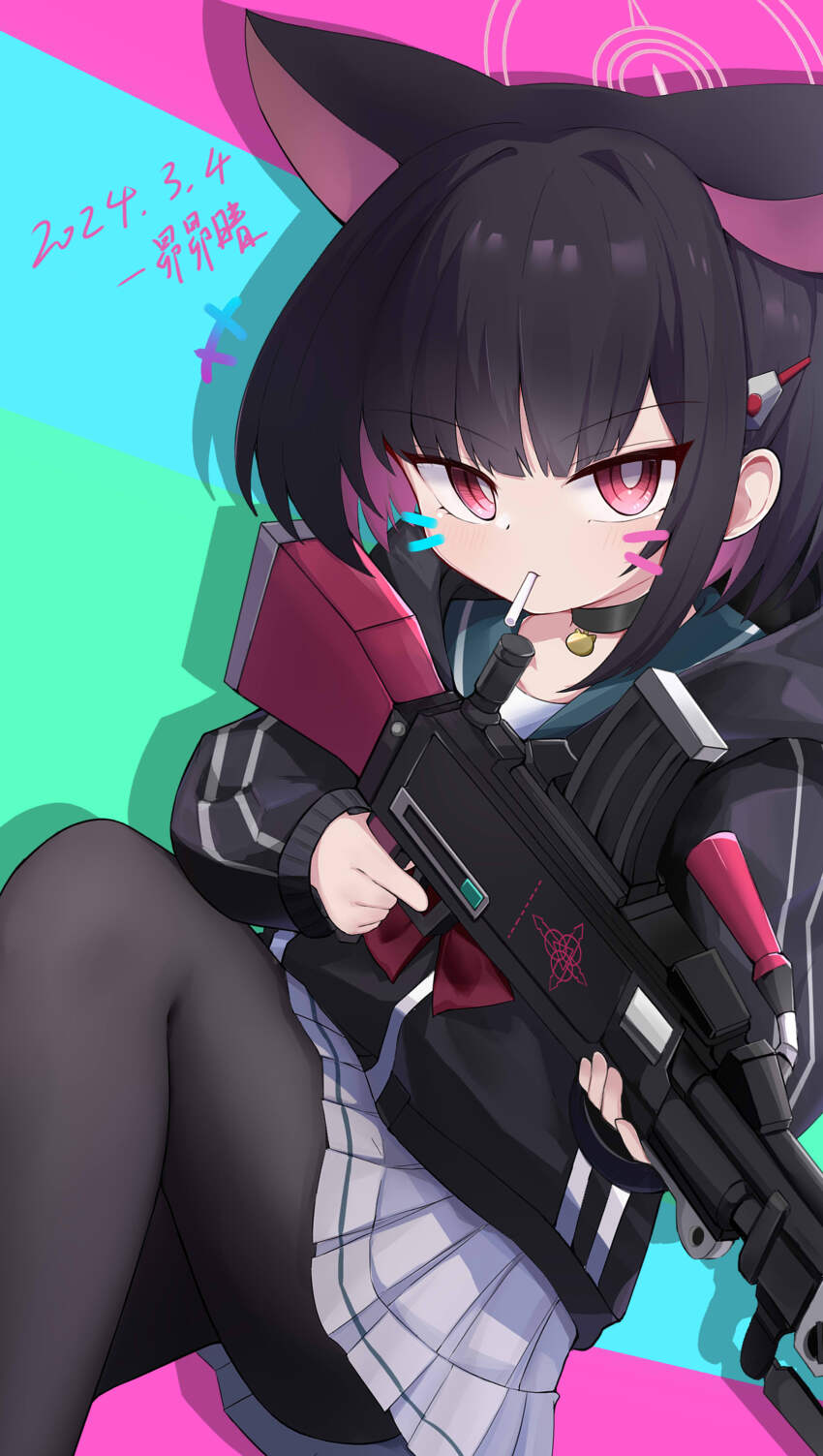 1girl absurdres animal_ears bell black_choker black_hair black_jacket black_pantyhose blue_archive blunt_bangs bob_cut bren_lmg candy cat_ears cat_girl choker chupa_chups collarbone colored_inner_hair commentary_request dated drawn_whiskers extra_ears food gun hair_ornament hairclip halo highres holding holding_gun holding_weapon hood hooded_jacket jacket kazusa_(blue_archive) light_machine_gun lollipop long_sleeves looking_at_viewer machine_gun maomaoquing mouth_hold multicolored_hair neck_bell pantyhose pleated_skirt red_eyes school_uniform serafuku short_hair sidelocks signature sitting skirt solo trigger_discipline two-tone_hair v-shaped_eyebrows weapon white_skirt