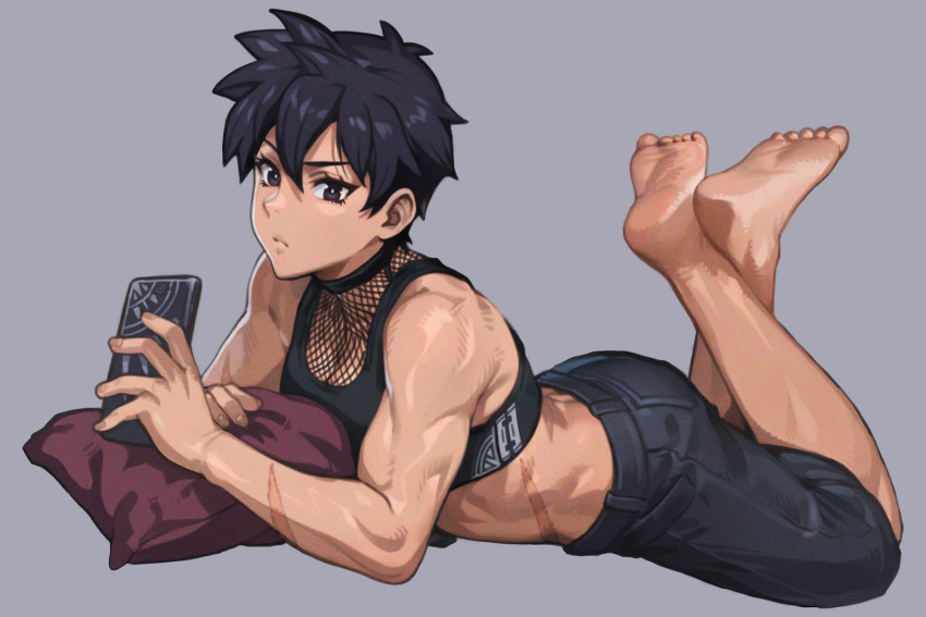 1girl bare_shoulders barefoot black_hair black_shorts black_sports_bra cellphone chest_on_pillow crossed_legs feet fingernails glaring grey_background grey_eyes hair_in_eyes highres holding holding_phone long_eyelashes looking_at_viewer lying midriff muscular muscular_female on_pillow on_stomach original phone pixie_cut raised_eyebrow relaxing scar scar_on_arm scar_on_stomach short_hair shorts smartphone soles solo spiked_hair sports_bra tan the_pose toes tomboy toned xenocracy