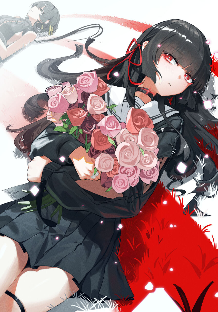 1girl absurdres arm_cutout black_choker black_hair black_jacket black_serafuku black_shirt black_skirt bouquet breasts chinese_commentary chisa_(wuthering_waves) choker clothing_cutout commentary_request female_rover_(wuthering_waves) flower hair_ribbon highres holding holding_bouquet jacket long_hair long_sleeves lying medium_breasts mole mole_under_eye on_back parted_lips red_eyes red_ribbon ribbon rover_(wuthering_waves) sailor_collar school_uniform serafuku shirt skirt solo solo_focus tacet_mark_(wuthering_waves) tianqing_miaofa_hao white_sailor_collar wuthering_waves