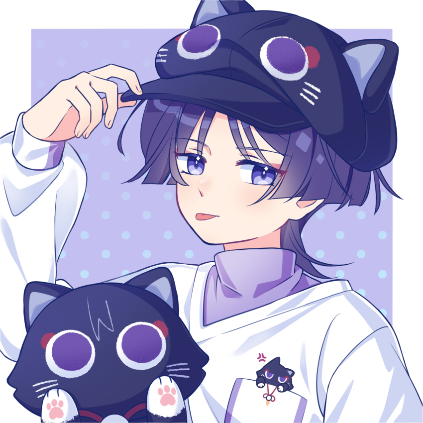 1boy :p adjusting_clothes adjusting_headwear alternate_costume animal_ear_headwear animal_ears animalization arm_up black_hat border commentary contemporary english_commentary fake_animal_ears genshin_impact hana97_58 hat highres in_pocket layered_clothes long_sleeves looking_at_viewer male_focus merchandise outside_border peaked_cap person_and_animalization polka_dot polka_dot_background portrait purple_background scaramouche_(cat)_(genshin_impact) scaramouche_(genshin_impact) short_hair sweater tongue tongue_out turtleneck wanderer_(fairy_tale_cat)_(genshin_impact) wanderer_(genshin_impact) white_border white_sweater wolf_cut