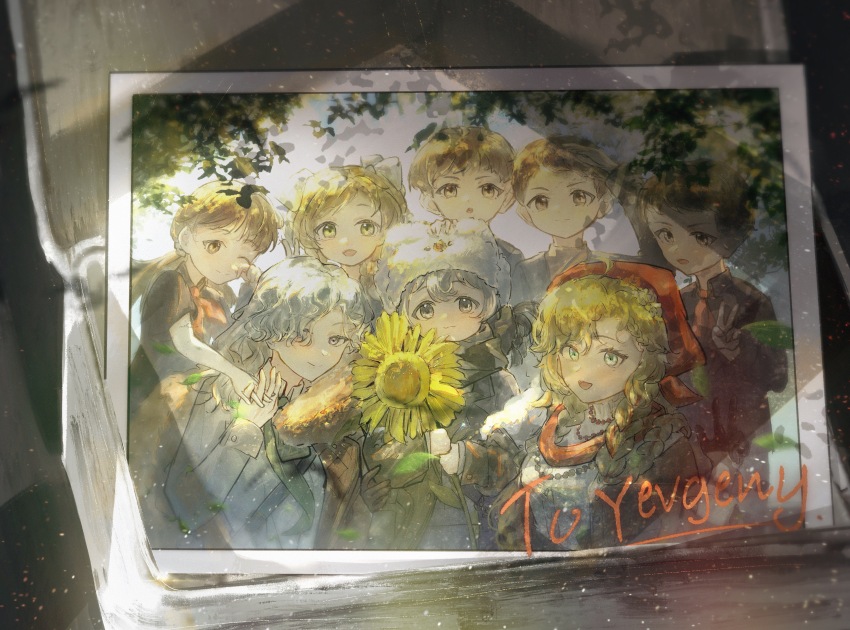4boys 4girls :3 :d :o ;) absurdres aqua_eyes avgust_(reverse:1999) blonde_hair blue_sky box braid brown_eyes brown_gloves brown_hair brown_jacket coat curly_hair dappled_sunlight english_text fake_photograph flower fur_hat gloves green_necktie grey_coat grey_eyes grey_hair grey_scarf hair_over_one_eye hand_up hat headscarf highres holding holding_flower holding_hands interlocked_fingers jacket long_hair mangxia_xiang_chi_mangguo multiple_boys multiple_girls necktie nina_(reverse:1999) one_eye_closed one_eye_covered open_mouth purple_eyes red_scarf reverse:1999 scarf shirt short_hair sky smile sunflower sunlight teacher_and_student tree twin_braids upper_body ushanka v vila_(reverse:1999) w white_hair white_hat white_shirt window_shadow windsong_(reverse:1999) yellow_flower