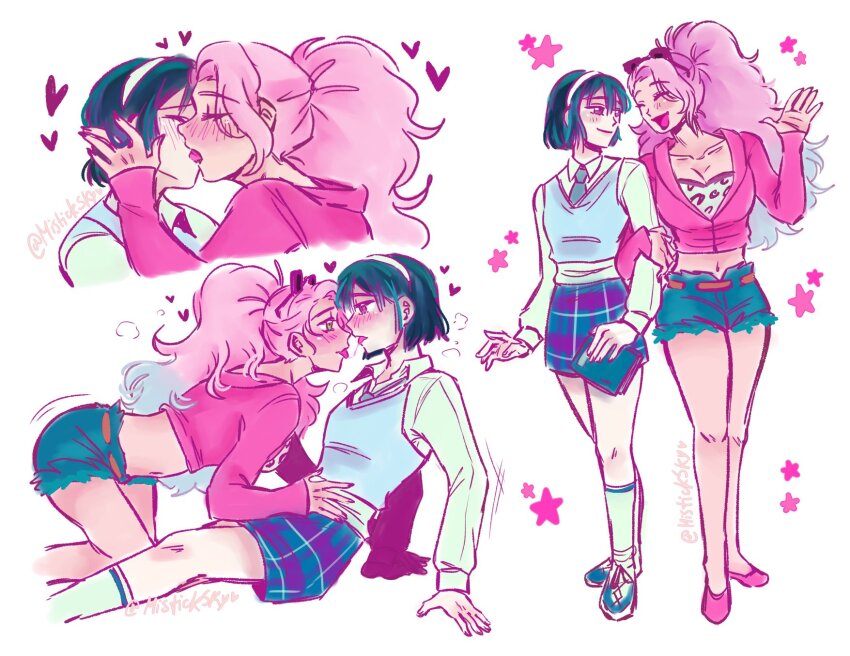 2girls after_kiss alien_stage animal_print belt black_hair black_necktie blue_shoes blue_shorts blue_skirt blue_socks blue_sweater_vest bra closed_eyes closed_mouth collared_shirt commentary_request eye_contact french_kiss green_eyes hairband hand_on_another&#039;s_stomach heart highres jacket kiss leopard_print long_hair long_sleeves looking_at_another mistick mizi_(alien_stage) multiple_girls necktie open_mouth pink_hair pink_jacket pink_shoes plaid_clothes plaid_skirt ponytail print_bra purple_eyes saliva saliva_trail shirt shoes short_hair shorts simple_background skirt smile socks spanish_commentary sua_(alien_stage) sweater_vest tongue tongue_out underwear white_background white_hairband white_shirt yuri