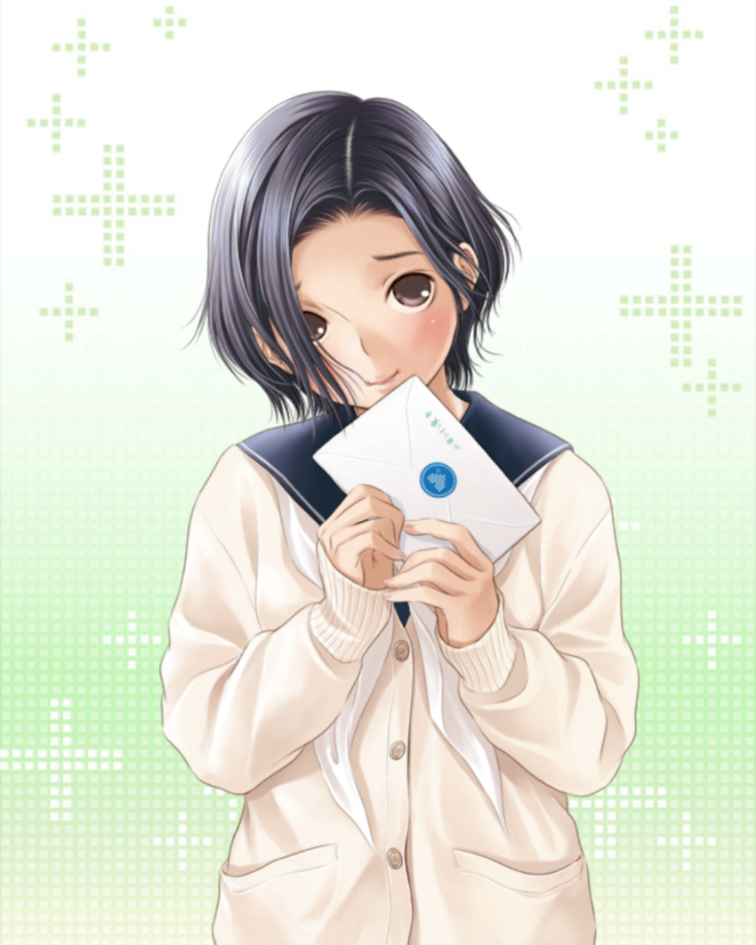 1girl asymmetrical_bangs black_hair blue_sailor_collar blush bob_cut brown_eyes buttons cardigan closed_mouth embarrassed envelope forehead gradient_background green_background hair_over_one_eye hands_up heart highres holding holding_envelope holding_letter kobayakawa_rinko letter long_sleeves looking_at_viewer love_letter love_plus neckerchief official_art parted_bangs pink_lips plus_sign pocket sailor_collar school_uniform serafuku short_hair solo white_sailor_collar winter_uniform yellow_cardigan