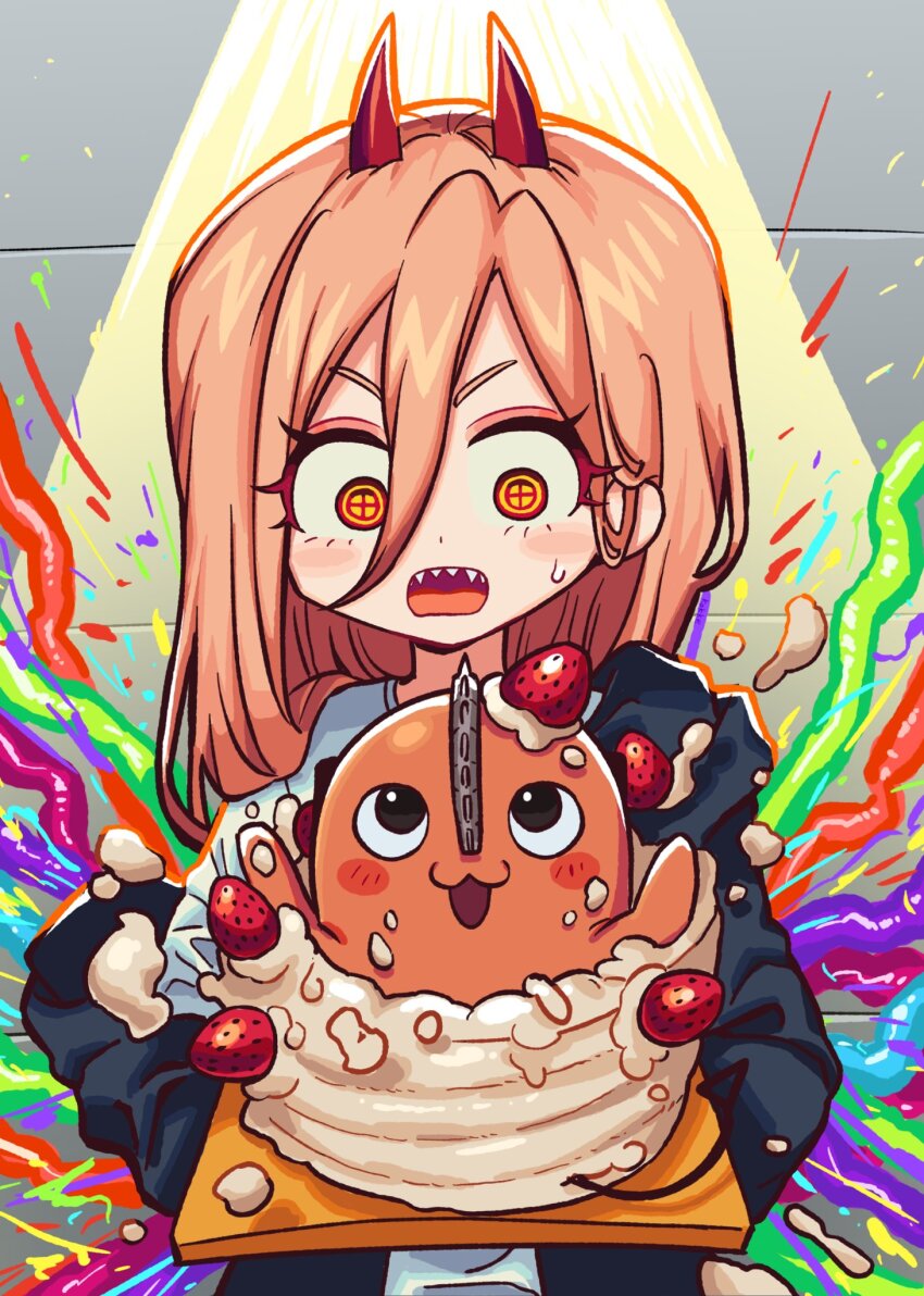 1girl black_jacket cake chainsaw_man commentary cowboy_shot creature demon_girl demon_horns english_commentary food highres horns intestines jacket long_hair pink_hair pochita_(chainsaw_man) power_(chainsaw_man) satanmanse sharp_teeth solo spotlight strawberry_cake symbol-shaped_pupils teeth yellow_eyes