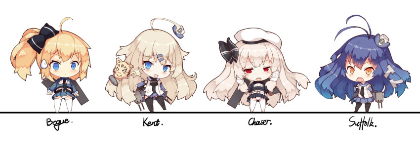 4girls ahoge big_head bogue_(warship_girls_r) character_name chaser_(warship_girls_r) chibi hair_ornament kent_(warship_girls_r) long_hair looking_at_viewer looking_down machinery multiple_girls open_mouth panties pantyshot rain_lan skirt standing suffolk_(warship_girls_r) thighhighs underwear warship_girls_r