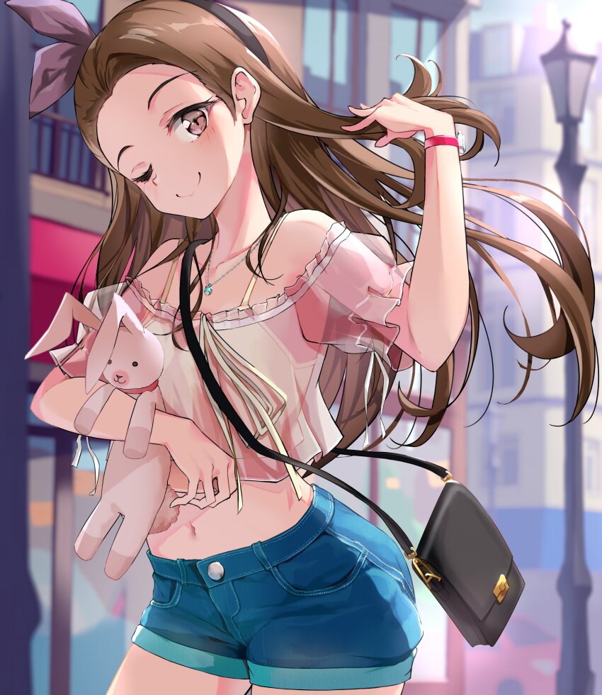 1girl absurdres adjusting_hair asymmetrical_bangs bag bare_shoulders black_hairband blue_shorts blurry blurry_background blush brown_hair camisole city collarbone contrapposto cowboy_shot denim denim_shorts frilled_shirt frills hair_ribbon hairband handbag highres idolmaster idolmaster_(classic) idolmaster_million_live! idolmaster_million_live!_theater_days jewelry lamppost long_hair looking_at_viewer midriff minase_iori navel necklace nose off_shoulder one_eye_closed pink_eyes pink_ribbon pink_shirt ribbon see-through_clothes see-through_shirt shiroyu shirt shorts smile solo stuffed_animal stuffed_rabbit stuffed_toy usa-chan_(idolmaster) watch wristwatch yellow_camisole