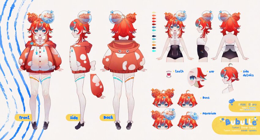 1girl absurdres artist_name black_shoes blue_eyes blue_hair bubulle_cafishy center_frills closed_mouth color_guide commentary double_bun english_commentary fish_hair_ornament frills ghost_zara hair_bun hair_ornament high-waist_shorts highres hood hood_down hoodie indie_virtual_youtuber multicolored_hair multiple_views open_mouth pointy_ears red_hair reference_sheet second-party_source shirt shoes shorts streaked_hair thighhighs twitch_username virtual_youtuber white_hair white_shirt white_thighhighs