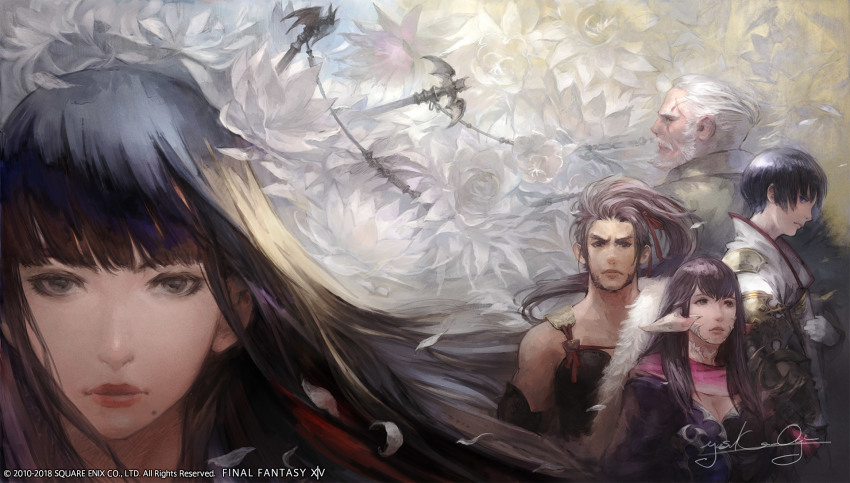2girls 3boys artist_name asahi_sas_brutus au_ra bat_hair_ornament beard black_eyes black_hair blunt_bangs brown_hair company_name copyright_name copyright_notice dragon_horns expressionless facial_hair facial_tattoo falling_petals final_fantasy final_fantasy_xiv floral_background flower gloves gosetsu_daito hair_flower hair_ornament hair_ribbon hien_rijin highres horns hyur jacket long_hair looking_at_viewer mogi_yuusuke mole mole_under_mouth multiple_boys multiple_girls mustache official_art petals pink_scarf profile promotional_art purple_jacket ribbon scales scarf serious short_hair signature straight-on tattoo upper_body v-shaped_eyebrows white_flower white_gloves white_hair yotsuyu_goe_brutus yugiri_mistwalker
