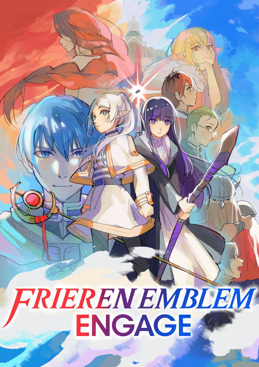 absurdres anocurry box_art brand_name_imitation character_name derivative_work earrings eisen_(sousou_no_frieren) elf english_text fake_box_art fern_(sousou_no_frieren) fire_emblem fire_emblem_engage flamme_(sousou_no_frieren) frieren green_eyes highres himmel_(sousou_no_frieren) jewelry long_hair long_sleeves multiple_girls nintendo parody parted_bangs pointy_ears serie_(sousou_no_frieren) sousou_no_frieren stark_(sousou_no_frieren) twintails video_game_cover_redraw white_hair