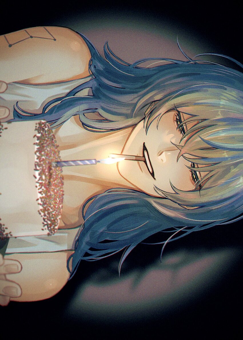 1girl akao_rion bare_shoulders blue_hair cake candlelight cigarette close-up crossed_bangs dark_background eyelashes fingernails food hair_between_eyes highres holding holding_cake holding_food kuroiisana long_hair looking_at_object sakamoto_days shadow shoulder_tattoo sideways simple_background smile smoking solo spotlight tank_top tattoo teeth upper_teeth_only wavy_hair white_tank_top