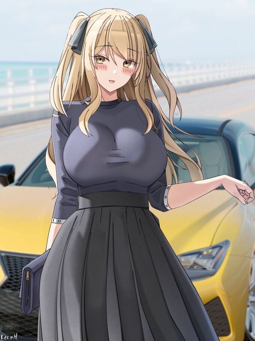 1girl ao_no_kanata_no_four_rhythm artist_name black_ribbon black_skirt blonde_hair blush breasts brown_eyes car hair_between_eyes hair_ornament hair_ribbon highres keenh large_breasts leather leather_skirt lexus_rc_f long_hair looking_at_viewer motor_vehicle open_mouth outdoors ribbon satouin_reiko shirt skirt solo two_side_up yellow_car