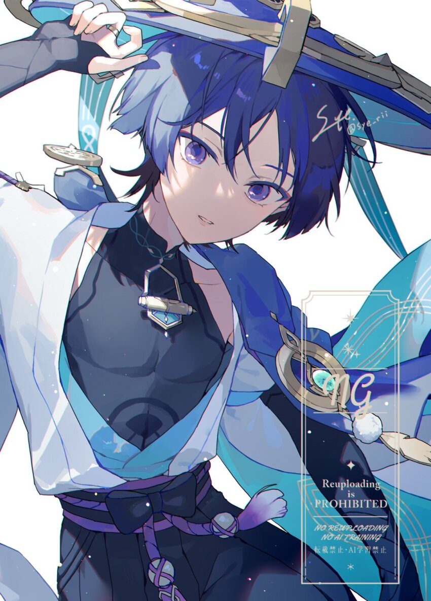 1boy aqua_gemstone arm_at_side armor belt black_belt black_bodysuit black_bow black_bridal_gauntlets black_hair black_shorts blue_cape blue_hat blue_kimono blue_sleeves blunt_ends bodysuit bow bridal_gauntlets cape covered_collarbone curled_fingers eyelashes feathers fingernails furisode genshin_impact gold gold_ring hakama hakama_shorts han&#039;eri hand_up hat highres japanese_armor japanese_clothes jingasa kimono kote kurokote layered_kimono layered_sleeves looking_at_viewer male_focus mandarin_collar middle_ring multicolored_hair open_clothes open_kimono parted_lips pleated_shorts pom_pom_(clothes) purple_eyes purple_hair purple_hat purple_rope purple_sash rope sash scaramouche_(genshin_impact) short_sleeves shorts shoulder_peek solo streaked_hair syerii tassel twitter_username two-sided_fabric two-sided_headwear upper_body vision_(genshin_impact) wanderer_(genshin_impact) watermark white_background white_kimono white_mouth white_sleeves wispy_bangs yellow_feathers