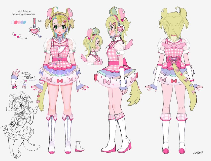 1girl :3 ahoge animal_ears ashton_marten_(vtuber) back_bow belt boots bow bubble_skirt reference_sheet detached_collar detached_sleeves dress full_body gingham_dress green_eyes green_hair headphones heart_belt high_heel_boots high_heels highres indie_virtual_youtuber kneehighs medium_hair mini_wings mouse_ears multiple_views pink_belt pink_bow pink_dress pink_nails pink_trim pink_wings puffy_short_sleeves puffy_sleeves see-through_clothes see-through_sleeves short_dress short_sleeves signature skirt sleeves_past_wrists socks soreeyu_(sore-yu) standing tail tail_ornament tareme two_side_up virtual_youtuber white_background white_footwear white_sleeves wings zipper_footwear