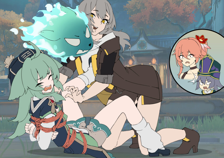 1boy 3girls ahoge bound chen_zi cirrus_(honkai:_star_rail) green_hair grey_hair guinaifen_(honkai:_star_rail) hair_ornament highres honkai:_star_rail honkai_(series) huohuo_(honkai:_star_rail) jacket long_hair multiple_girls ponytail red_eyes rope saliva shibari short_hair shorts socks spread_legs stelle_(honkai:_star_rail) surprised tail_(honkai:_star_rail) thighhighs trailblazer_(honkai:_star_rail) yuri