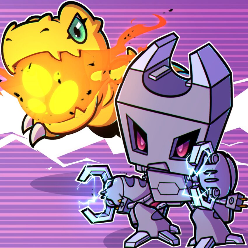 agumon digimon digimon_(creature) elecmon electricity fire purple_eyes robot