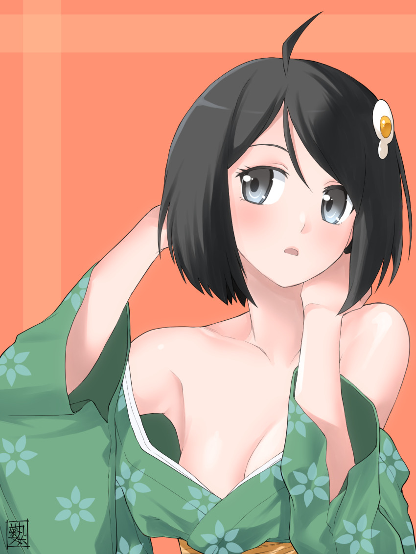 1girl ahoge araragi_tsukihi armpits arms_behind_head artist_name averting_eyes bare_shoulders black_eyes black_hair blush bob_cut breasts cleavage collarbone commentary egg_hair_ornament eyelashes floral_print floral_print_kimono food-themed_hair_ornament fried_egg furisode furisode_sleeves green_kimono hair_between_eyes hair_ornament hands_up highres japanese_clothes kikumaru_bunta kimono light_blush long_sleeves looking_to_the_side medium_breasts monogatari_(series) nisemonogatari no_bra obi off_shoulder orange_background parted_lips portrait print_kimono sash short_hair signature solo swept_bangs turning_head upper_body wide_sleeves yellow_sash