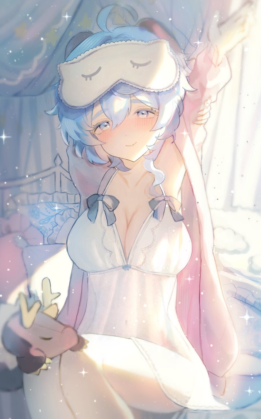 1girl ahoge arms_up bed blue_hair blush breasts cleavage dress ganyu_(genshin_impact) genshin_impact highres horns large_breasts long_hair looking_at_viewer purple_eyes rex_lapis_(genshin_impact) sidelocks sitting smile solo stuffed_animal stuffed_dragon stuffed_toy user_jaay3353 white_dress