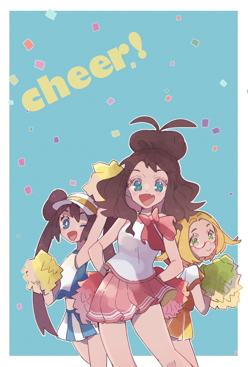 3girls :d ;d antenna_hair bare_arms bianca_(pokemon) blonde_hair border bow cheering cheerleader commentary_request confetti double_bun english_text eyelashes fang glasses green_eyes hair_bun highres hilda_(pokemon) holding holding_pom_poms long_hair looking_at_viewer misha_(ohds101) multiple_girls nintendo one_eye_closed open_mouth outline pink_skirt pleated_skirt pokemon pokemon_bw pokemon_masters_ex pom_pom_(cheerleading) pom_poms rosa_(pokemon) semi-rimless_eyewear shirt short_sleeves skin_fang skirt smile tongue twintails