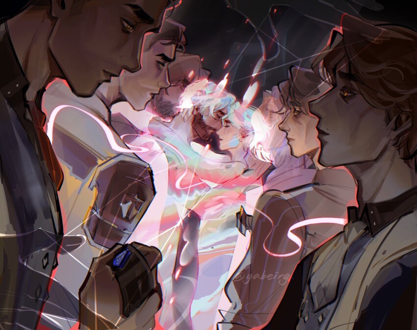 2boys absurdres arcane:_league_of_legends arcane_jayce arcane_savior_viktor arcane_survivor_jayce artist_name beard brown_eyes brown_hair closed_mouth couple dark-skinned_male dark_skin eye_contact facial_hair from_side gabe_(gabeirg) highres hug interracial jayce_(league_of_legends) league_of_legends looking_at_another male_focus multiple_boys multiple_persona noses_touching official_alternate_costume short_hair upper_body v-shaped_eyebrows viktor_(arcane) viktor_(league_of_legends) yaoi