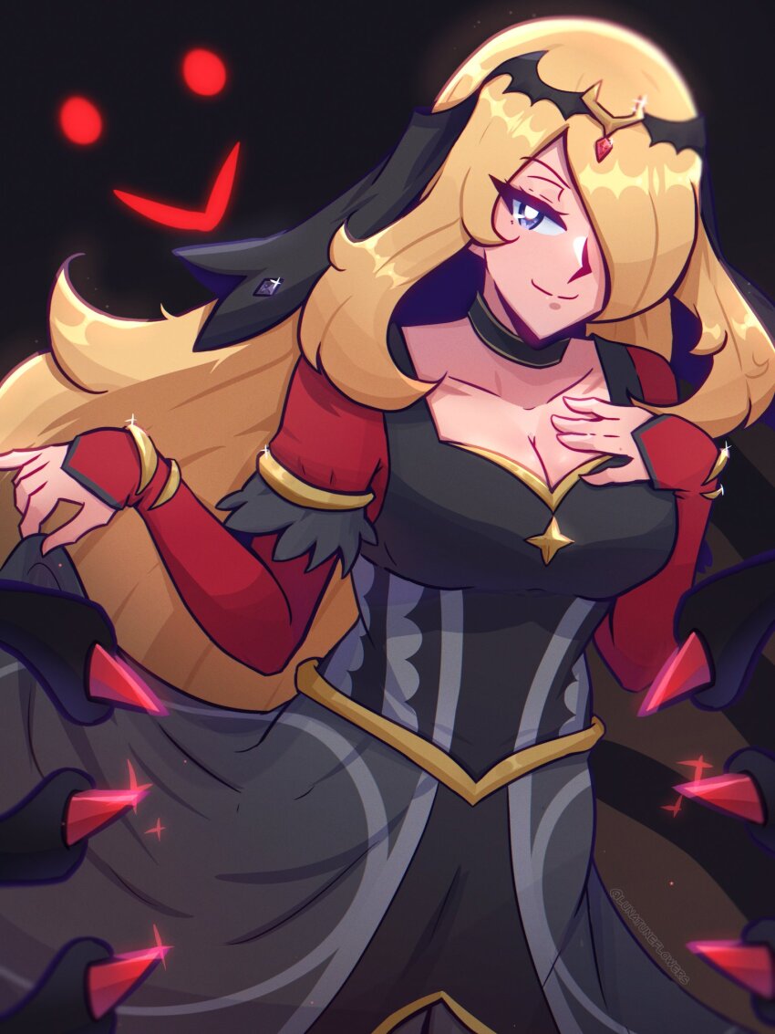1girl black_background black_dress blonde_hair breasts cleavage cowboy_shot cynthia_(pokemon) cynthia_(sygna_suit)_(renegade)_(pokemon) dress gen_4_pokemon giratina hair_over_one_eye highres legendary_pokemon long_hair lunatuneflowers medium_breasts nintendo pokemon pokemon_(creature) pokemon_dppt pokemon_masters_ex purple_eyes simple_background smile solo_focus