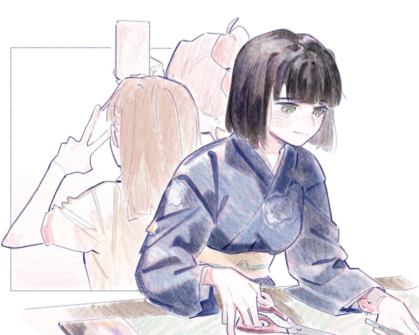 3girls anyoji_hime black_hair blue_kimono blunt_bangs blunt_ends blush breasts brown_hair closed_mouth cloth commentary_request cutting floral_print floral_print_kimono green_eyes highres holding holding_pencil holding_phone holding_scissors japanese_clothes kachimachi_kosuzu kachimachi_kosuzu_(summer_training_wear) kimono link!_like!_love_live! long_hair long_sleeves love_live! medium_breasts momose_ginko momose_ginko_(summer_casual) multi-tied_hair multiple_girls official_alternate_costume pencil phone pink_hair pipi_(m1x_mix) ponytail print_kimono scissors selfie short_hair sitting smile solo_focus split_mouth straight_hair upper_body v virtual_youtuber