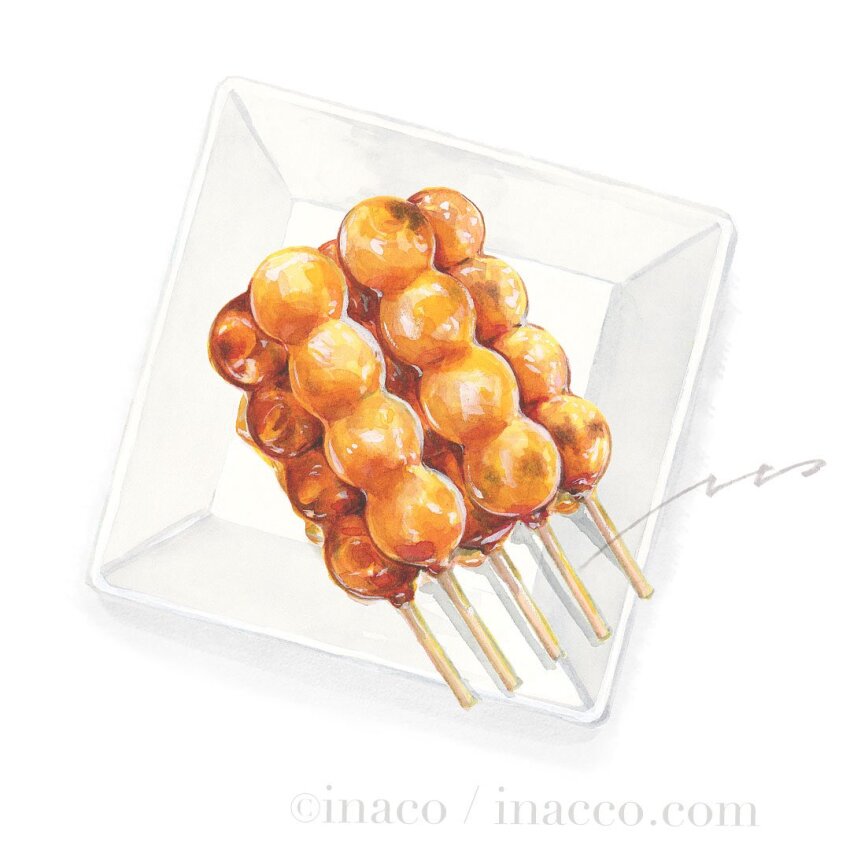 artist_name dango food food_focus inaco mitarashi_dango no_humans original plate signature simple_background skewer still_life wagashi white_background