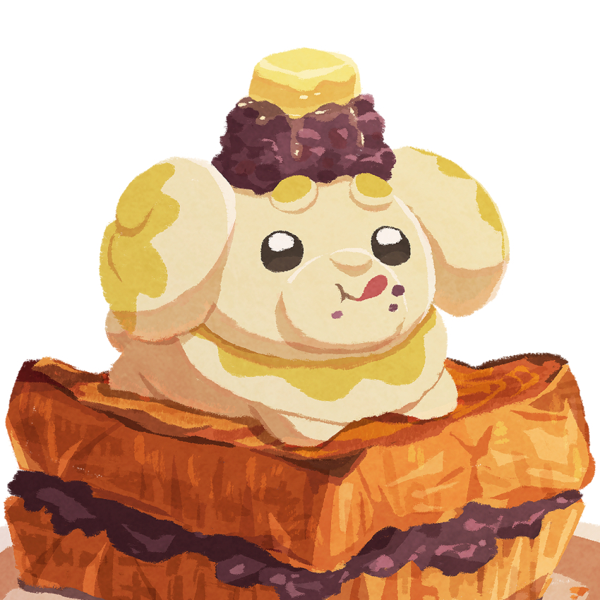 :q black_eyes bread bread_slice butter closed_mouth commentary_request crumbs fidough food food_focus highres miclot nintendo no_humans pokemon pokemon_(creature) pokemon_focus simple_background toast tongue tongue_out white_background yellow_fur