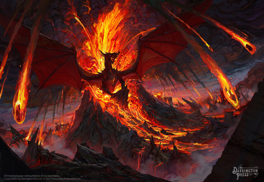 absurdres claws cloud cloudy_sky colorful commentary copyright_name critical_role destruction dragon dragon_horns dragon_wings dungeons_&amp;_dragons english_commentary eruption fantasy fire highres horns idrawbagman landscape lava logo monster mountain no_humans outdoors ruins scales scenery sky smog smoke volcano western_dragon wings