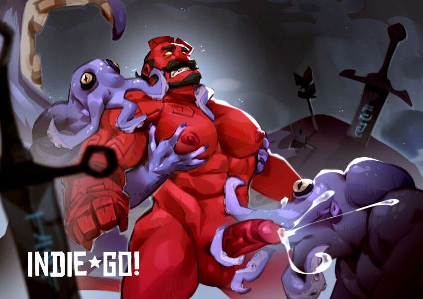 1boy absurdres after_battle alternate_facial_hair arts_of_indiego balding bara beard blank_eyes broken_horn clenched_teeth colored_skin completely_nude cowboy_shot cum demon_boy facial_hair full_beard gauntlets girthy_penis grabbing_from_behind handjob hellboy hellboy_(comic) highres horns large_pectorals male_focus mature_male monster monster_boy muscular muscular_male nipples nude octopus pectoral_grab pectorals penis planted planted_sword planted_weapon projectile_cum red_skin solo_focus strongman_waist sword teeth tentacles tentacles_on_male thick_thighs thighs uncensored weapon