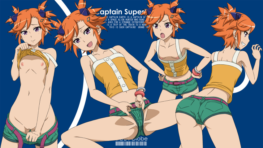 10s 1girl armpits arms_up barcode bare_shoulders belt blush breasts cameltoe captain_earth censored clothes_lift clothes_pull collarbone come_hither cowboy_shot denim denim_shorts female_focus flashing flat_chest from_behind green_shorts groin hair_ornament hairpin hands_on_own_hips highres leaning_forward lifting_own_clothes midriff naughty_face navel nipple_slip nipples no_bra no_panties open_mouth orange_hair presenting pulling_own_clothes pussy seductive_smile shirt_lift short_hair short_shorts short_twintails shorts shorts_pull simple_background skinny small_areolae small_breasts small_nipples smile solo spread_legs standing sukima_sangyou tank_top teasing twintails yomatsuri_akari
