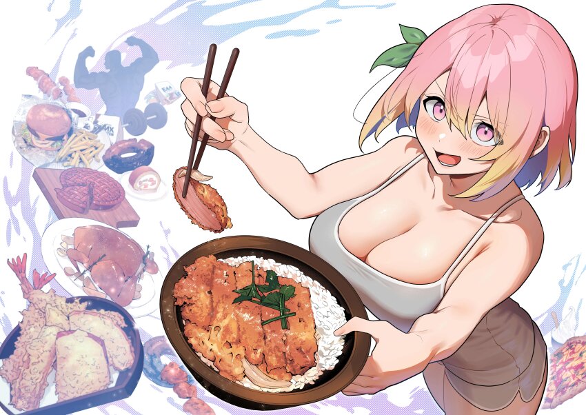 1boy 1girl :d absurdres bob_cut bowl breasts burger cake camisole chicken_(food) chopsticks cleavage cup curvy donut dumbbell fire flexing food food_packaging french_fries fried_chicken from_above gradient_hair hair_ornament highres holding holding_bowl holding_chopsticks karinto_yamada katsu_(food) katsudon_(food) key_visual large_breasts leaf_hair_ornament momokawa_momomo muchimuchi_mangaka_no_kanzen_shouri_meshi multicolored_hair official_art open_mouth orange_hair pink_eyes pink_hair pizza plate promotional_art rice second-party_source shish_kebab short_shorts shorts shrimp shrimp_tempura simple_background smile tempura v-shaped_eyebrows white_background