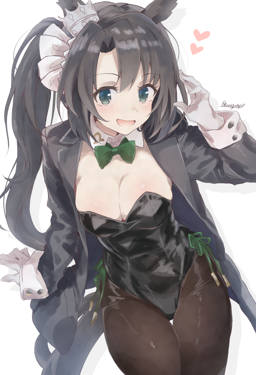 1girl alternate_costume blush breasts cleavage collarbone commentary_request gloves green_eyes hair_between_eyes hair_ornament heart highres horse_girl jacket kannagiray long_hair looking_at_viewer medium_breasts pantyhose ribbon satono_crown_(umamusume) side_ponytail simple_background twitter_username umamusume white_background