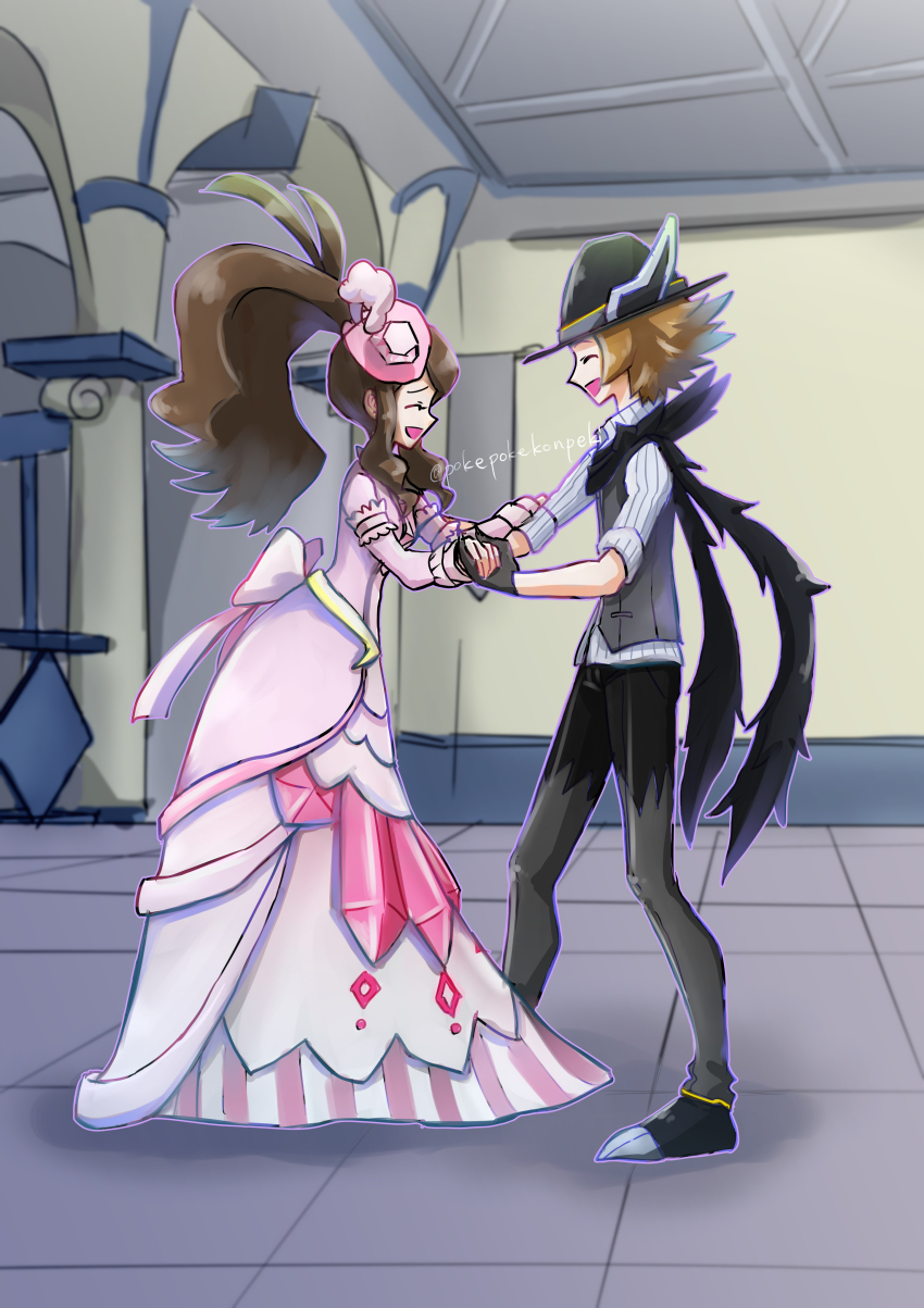 1boy 1girl absurdres black_gloves black_hat closed_eyes dress full_body gloves hat highres hilbert_(fall_2020)_(pokemon) hilbert_(pokemon) hilda_(pokemon) hilda_(special_costume)_(pokemon) holding_hands indoors nintendo official_alternate_costume pink_dress pink_hat pokemon pokemon_masters_ex pokepokekonpeki smile twitter_username vest