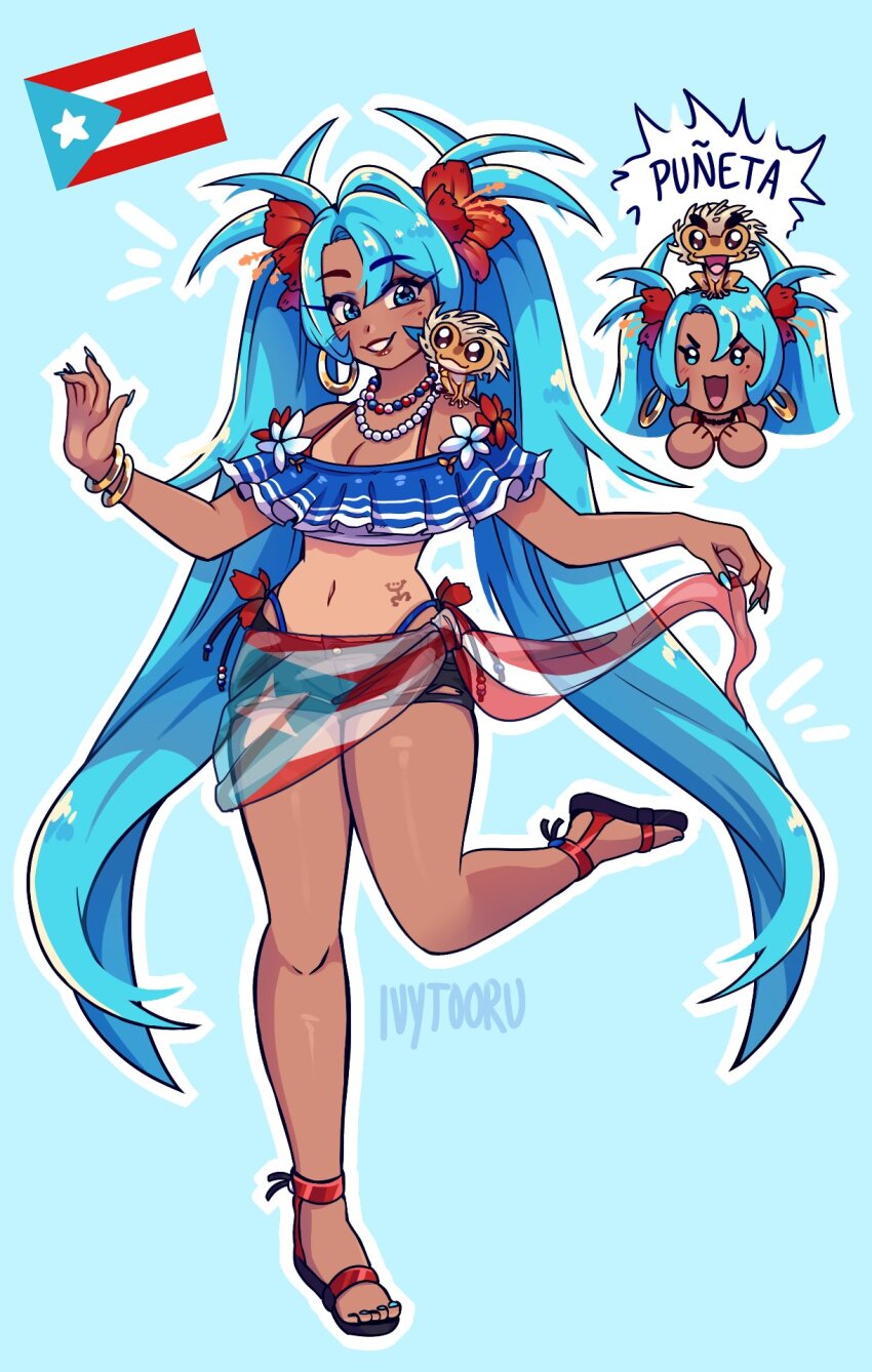 1girl animal animal_on_shoulder aqua_eyes aqua_hair aqua_nails artist_name black_shorts blush breasts cleavage earrings flower full_body hair_between_eyes hair_flower hair_ornament hatsune_miku highres hoop_earrings ivytooru jewelry leg_up long_hair micro_shorts midriff multiple_views navel necklace open_mouth parted_lips puerto_rican_flag puerto_rican_miku puerto_rico red_flower sandals shorts smile standing standing_on_one_leg tan tanline twintails very_long_hair vocaloid white_flower worldwide_miku