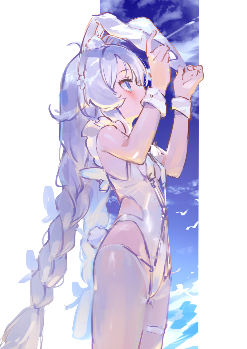 1girl absurdres animal_ears azur_lane blue_eyes braid cloud commentary highres le_malin_(azur_lane) le_malin_(listless_lapin)_(azur_lane) leotard looking_afar pantyhose rabbit_ears rabbit_tail revealing_clothes simple_background simple_bird tail thigh_strap twin_braids white_hair white_pantyhose wrist_cuffs yu_hydra