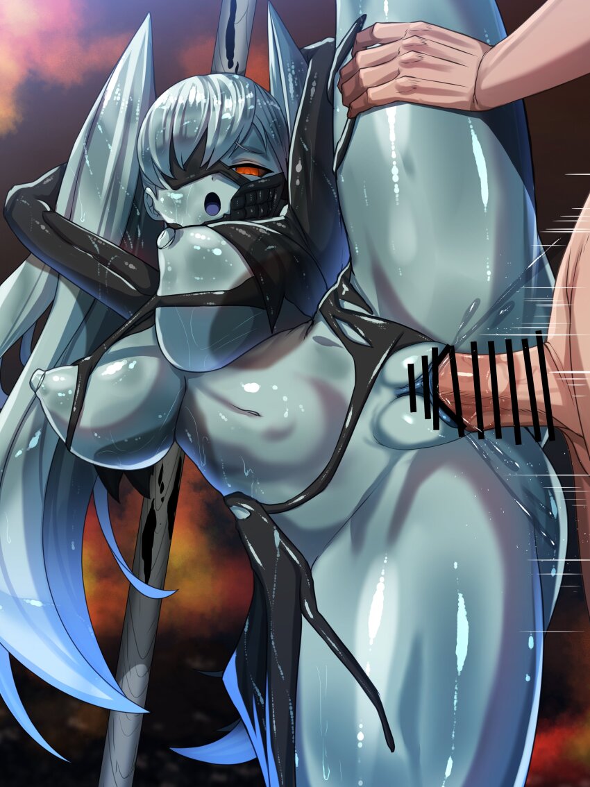 1boy 1girl absurdres bar_censor blue_skin breasts censored code_vein colored_skin eyepatch highres invading_executioner large_breasts leg_up nipples open_mouth penis pole pussy red_eyes sex shiny_skin stripper_pole tenken_(gotannda) twintails vaginal