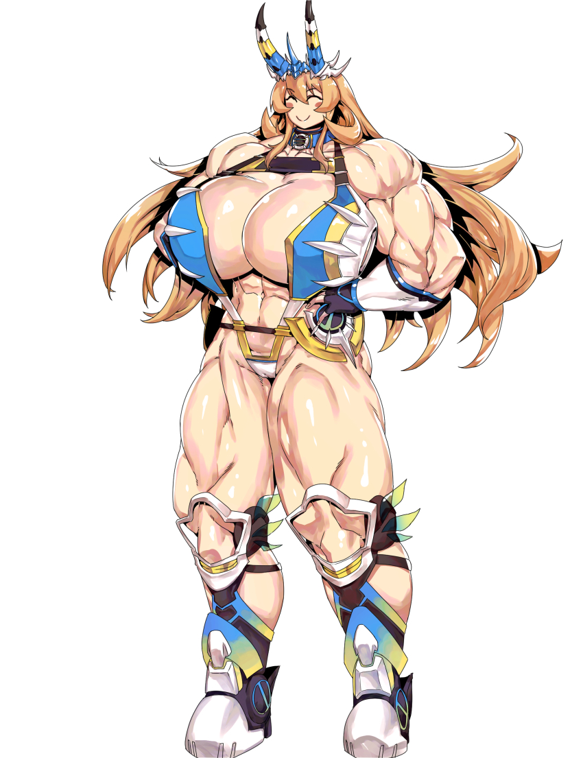 1girl abs absurdres bare_shoulders barghest_(fate) barghest_(swimsuit_archer)_(third_ascension)_(fate) biceps blonde_hair blush boots breasts cleavage closed_eyes commentary elbow_gloves english_commentary fate/grand_order fate_(series) fingerless_gloves full_body gloves highres horns huge_breasts long_hair minew muscular muscular_female muscular_legs navel slingshot_swimsuit smile solo swimsuit thighs