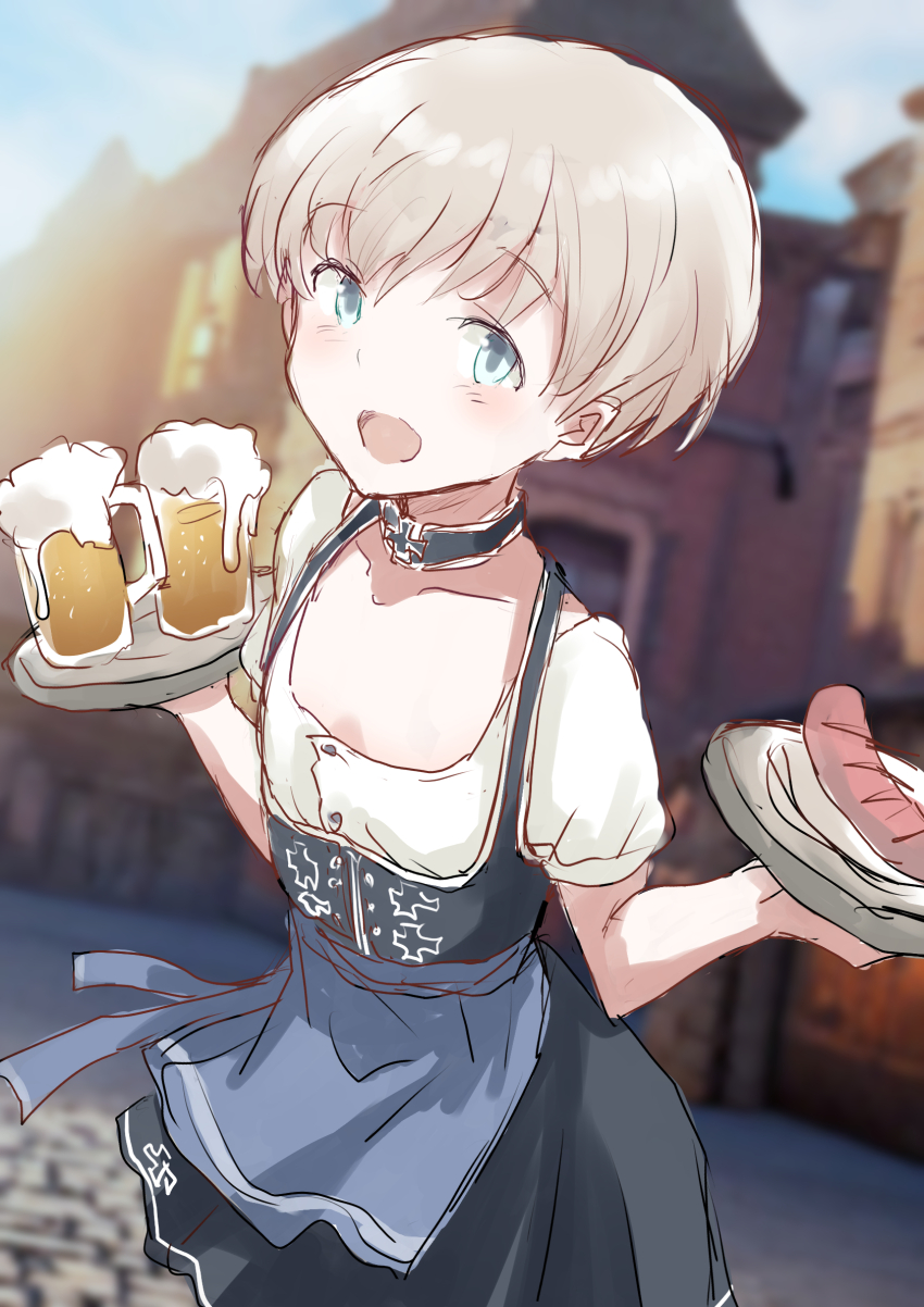 1girl apron barmaid beer_mug blue_apron blue_eyes blue_sky blurry blurry_background building commentary_request cross cup day dirndl flat_chest food fuji_(pixiv24804665) german_clothes grey_hair highres iron_cross kantai_collection mug official_alternate_costume outdoors photo_background sausage shirt short_hair short_sleeves sky solo waist_apron white_shirt z1_leberecht_maass_(kancolle) z1_leberecht_maass_(oktoberfest)_(kancolle)