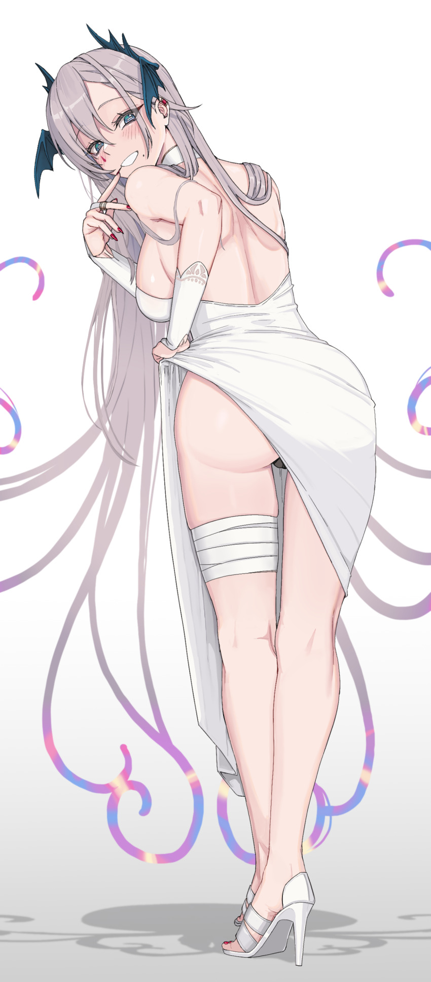 1girl absurdres alternate_costume ass backless_dress backless_outfit bandaged_leg bandages bat_wings black_panties blush breasts bridal_gauntlets clothes_lift crossed_legs dress dress_lift eyelashes feet from_behind gradient_background grey_background grey_eyes grey_hair hair_between_eyes hand_up head_wings high_heels highres indie_virtual_youtuber kneepits kuon_bb large_breasts leaning_forward legs lifting_own_clothes long_hair looking_back mole mole_under_mouth nail_polish panties panty_peek parted_bangs pochimaru_(vtuber) pochimaru_(vtuber)_(4th_costume) red_nails sandals skindentation solo standing strappy_heels thighs toenail_polish toenails toes underwear very_long_hair virtual_youtuber white_dress wings