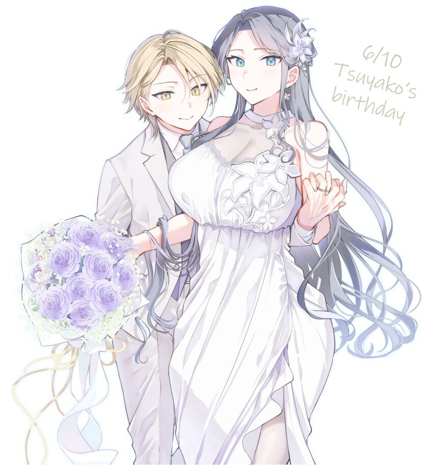 1boy 1girl asuma_mitsuya_(yunamaro) blonde_hair blue_eyes bouquet breasts cleavage closed_mouth covered_collarbone dress flower formal_clothes grey_flower grey_hair grey_necktie grey_pants grey_suit hair_flower hair_ornament highres holding holding_bouquet interlocked_fingers jewelry large_breasts long_hair long_sleeves necktie original pants purple_flower purple_rose ring rose see-through_cleavage see-through_clothes shirt short_hair slit_pupils smile suit white_background white_dress white_shirt yaotome_tsuyako_(yunamaro) yellow_eyes yunamaro