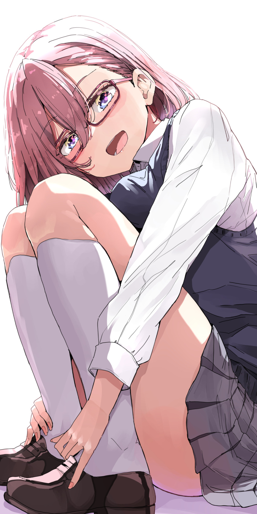 1girl 2.5_jigen_no_ririsa amano_ririsa blue_eyes blush breasts brown_footwear collared_shirt grey_skirt hair_between_eyes highres large_breasts legs_up long_sleeves looking_at_viewer medium_hair nyoijizai open_mouth pink_hair shirt simple_background sitting skirt smile socks solo white_background white_shirt white_socks