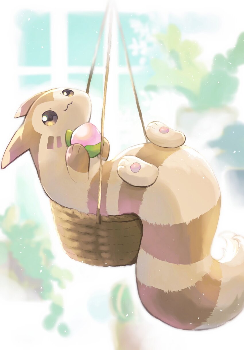 animal_focus berry_(pokemon) brown_eyes closed_mouth commentary_request facial_mark furret gen_2_pokemon highres holding indoors leaf looking_up lying nintendo no_humans pecha_berry plant pokemon pokemon_(creature) potted_plant smile solo toneko whisker_markings window