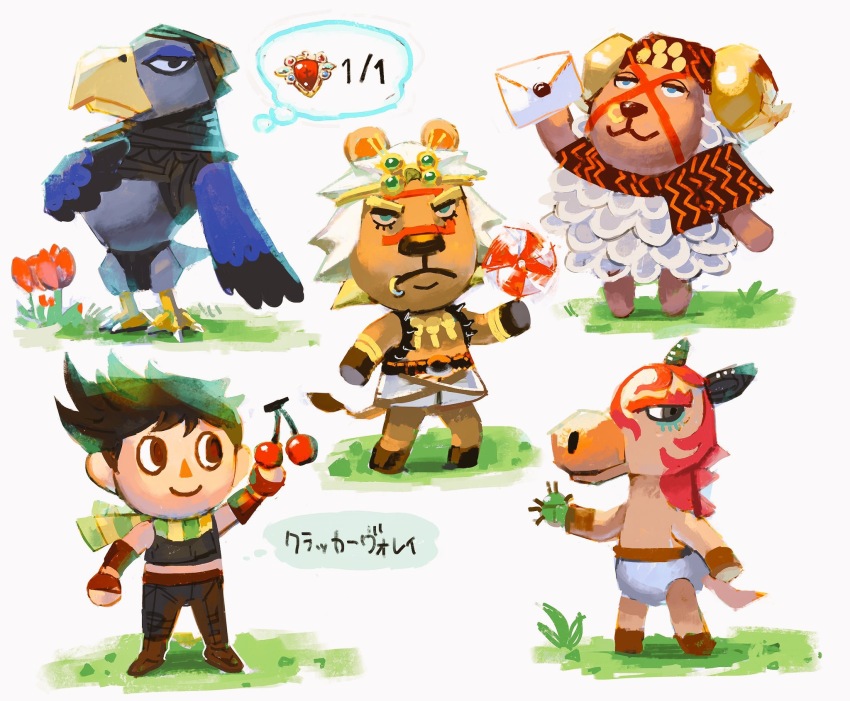 5boys animal_crossing animalization bad_id bad_pixiv_id battle_tendency beetle bird black_hair bug cherry chocoblood crossover eagle esidisi facial_mark fingerless_gloves flower food fruit gloves green_scarf highres horns horse insect jojo_no_kimyou_na_bouken joseph_joestar joseph_joestar_(young) kars_(jojo) letter lion midriff multicolored_scarf multiple_boys nintendo pinwheel red_stone_of_aja santana_(jojo) scarf sheep striped_clothes striped_scarf villager_(animal_crossing) wamuu yellow_scarf
