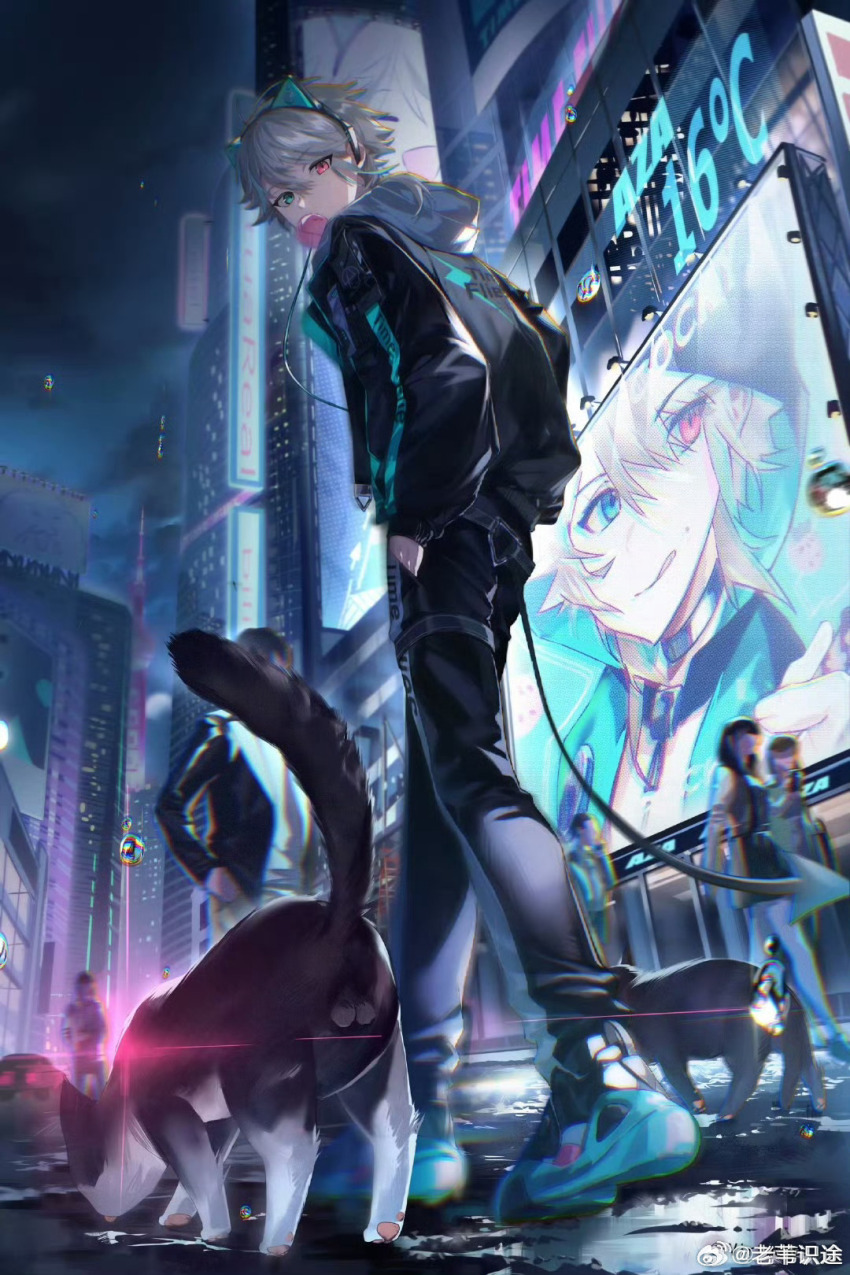 1boy aza_(virtuareal) black_jacket black_pants blonde_hair blue_eyes blue_hair cat chewing_gum chromatic_aberration city demon_tail from_behind from_below full_body hands_in_pockets heterochromia highres jacket laowei_shi_tu looking_at_viewer looking_back male_focus night nijisanji pants pink_eyes puddle solo_focus tail virtuareal walking