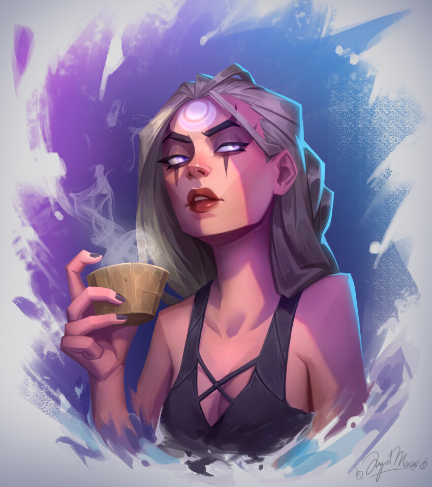 1girl absurdres angelmoonlight artist_name bare_shoulders black_dress blonde_hair blue_eyes breasts cleavage cup diana_(league_of_legends) dress facial_mark forehead_mark glowing glowing_eyes highres holding holding_cup league_of_legends long_hair red_lips small_breasts solo steam upper_body
